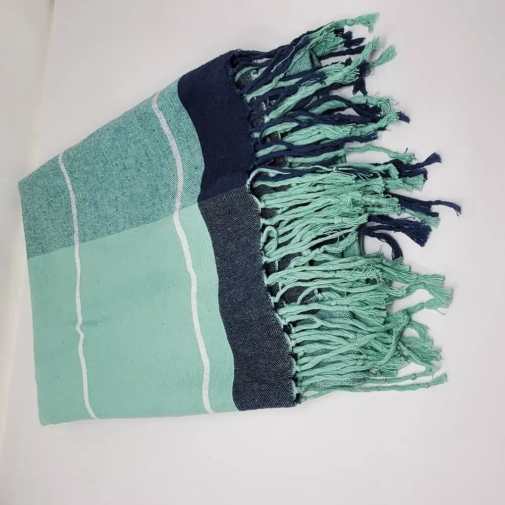 West Elm Multicolor Green Fringed 100% Cotton Throw Blanket Excellent condition
